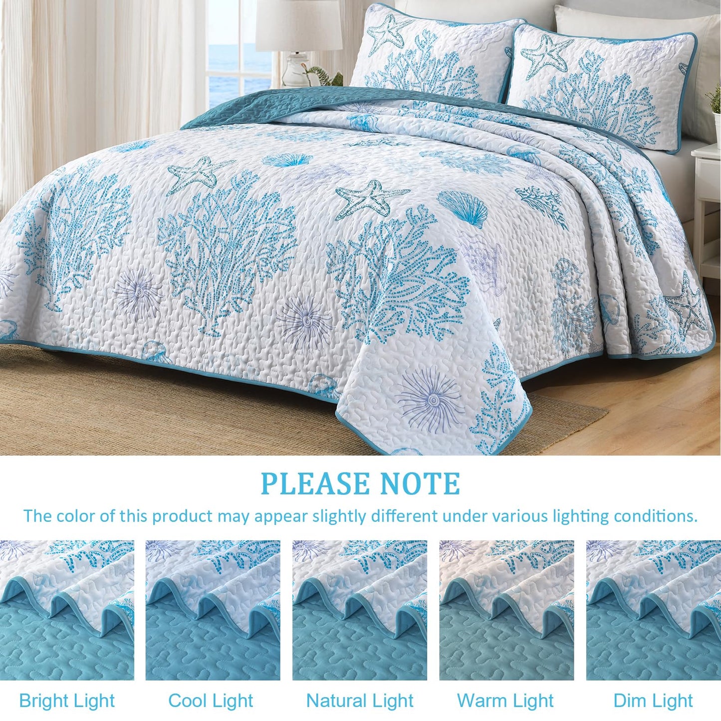 DJY Ocean Coastal Quilt Sets Queen Size,Reversible Microfiber Quilts with 2 Shams Soft Lightweight Beach Bedding Green Nautical Bedspread Coverlet Summer Comforter Set for All Season,96"x90"