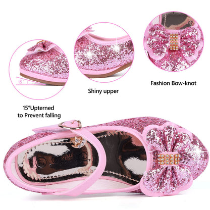 KUWIBY Girl Sandals Glitter Princess Shoes Sequin Party Shoes Bling Bowknot High Heels Wedding Birthday Dress Comfort Bright Diamond Cosplay Dance for Little Girls Christmas Pink