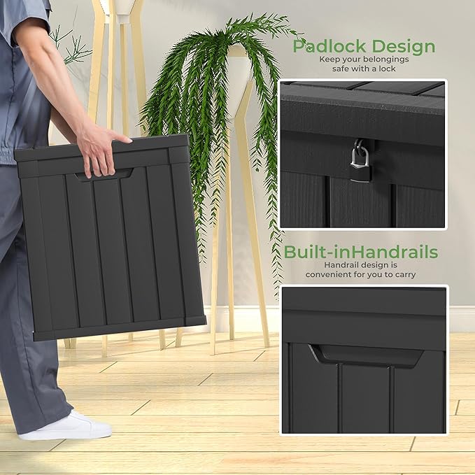 ROJIK Outdoor Storage Housing Deck Box - Waterproof Patio Furniture, Garden Tools, Cushions, Pool Accessories Storage Bench with Lockable Lid and Side Handles (Black, 50 Gal)