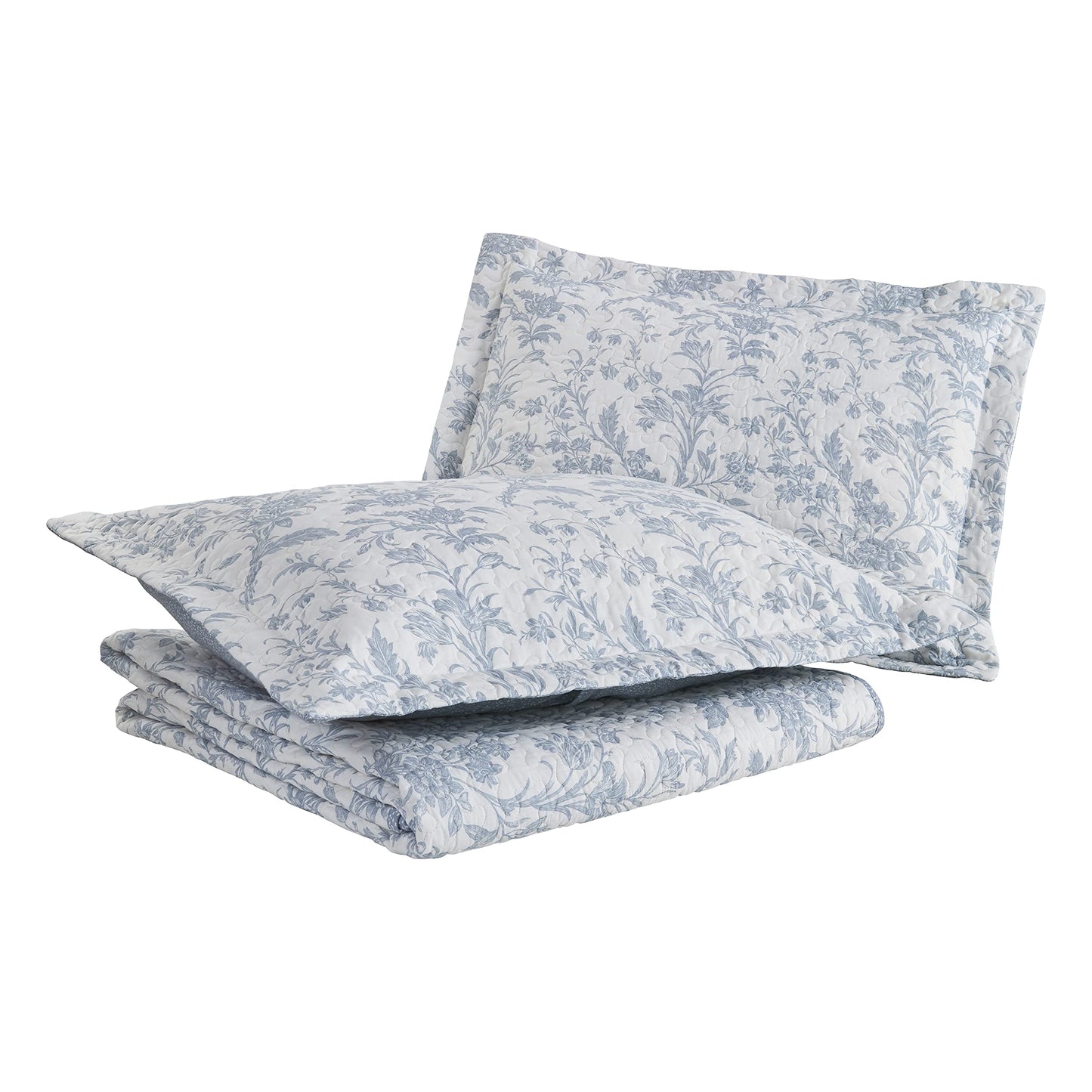 Laura Ashley – Twin Quilt Set, Soft & Lightweight Toile Bedding with Matching Shams, Reversible Floral Room Decor, College Dorm Room Essentials (Amberley Soft Blue)