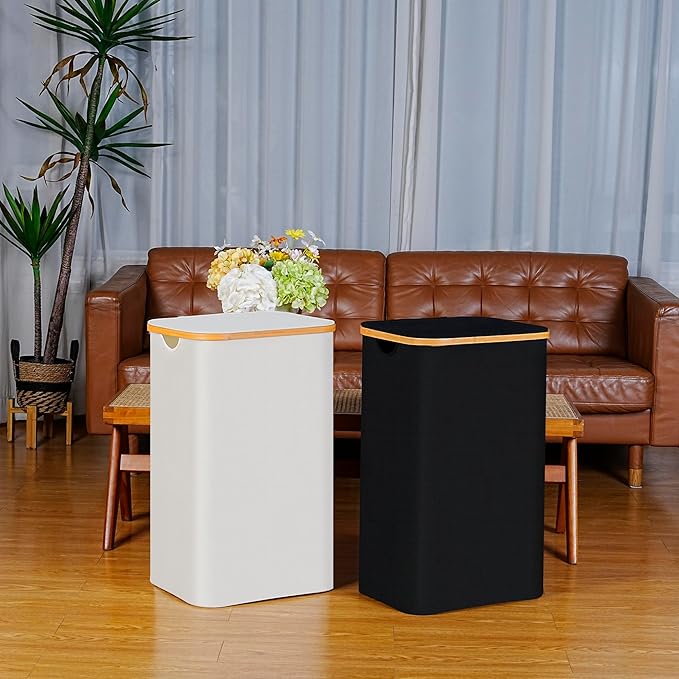 100L Laundry Hamper with Lid, Lagre Basket with Bamboo Handles, Foldable