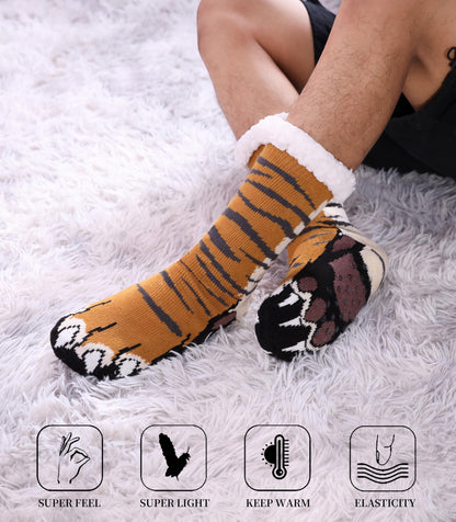 SDBING Mens Slipper Socks with Grippers Winter Warm Cozy Thick Fuzzy Indoor Fluffy Home Socks (Tiger Paw, 6-10)