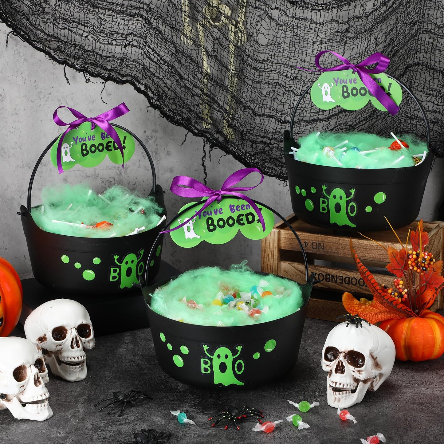 Soulchen 4 Pcs Halloween Boo Bucket Decoration Trick or Treat Gift Basket with 4 Spooky Boo Candy Bucket with Green Spider Silk Cotton Ghost Boos Sticker Card Ribbon for Halloween Party Decoration