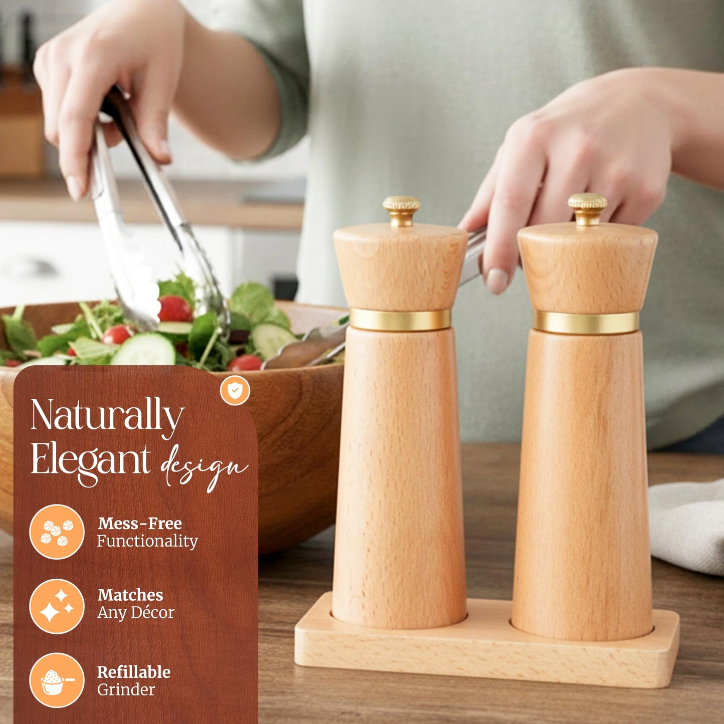 Besti Wooden Salt and Pepper Grinder Set with Tray - Striped Acacia Refillable Grinders for Salt, Pepper, Seasonings, Reusable Pepper & Salt Mill - Kitchen & Dining Table (7" Beech)