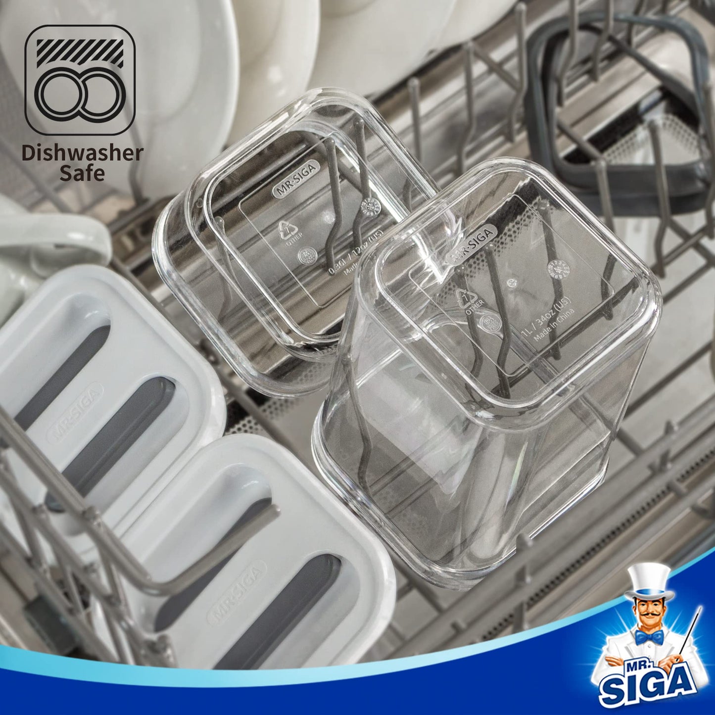 MR.SIGA 4 Pack Airtight Food Storage Container Set, BPA Free Kitchen Pantry Organization Canisters with One-handed Leak Proof Lids, 1L / 33.8oz, Medium, White