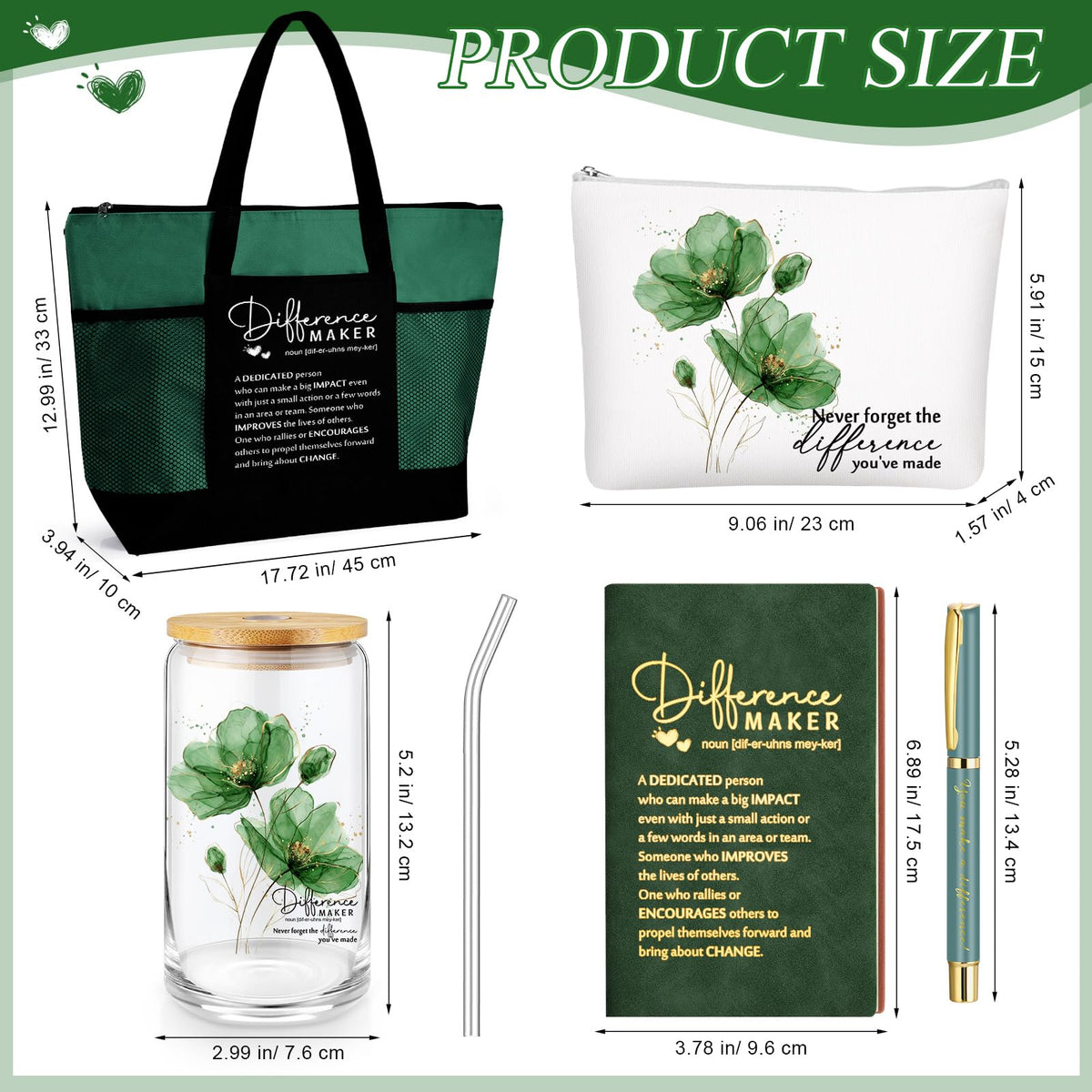 Meanplan 5 Pcs Difference Maker Gifts for Women Employee Appreciation Journal Tumbler Tote Bag Makeup Bag You Make a Difference Pen for Volunteer Nurse Coworker Lab Week Mother Day(Green,Flowers)