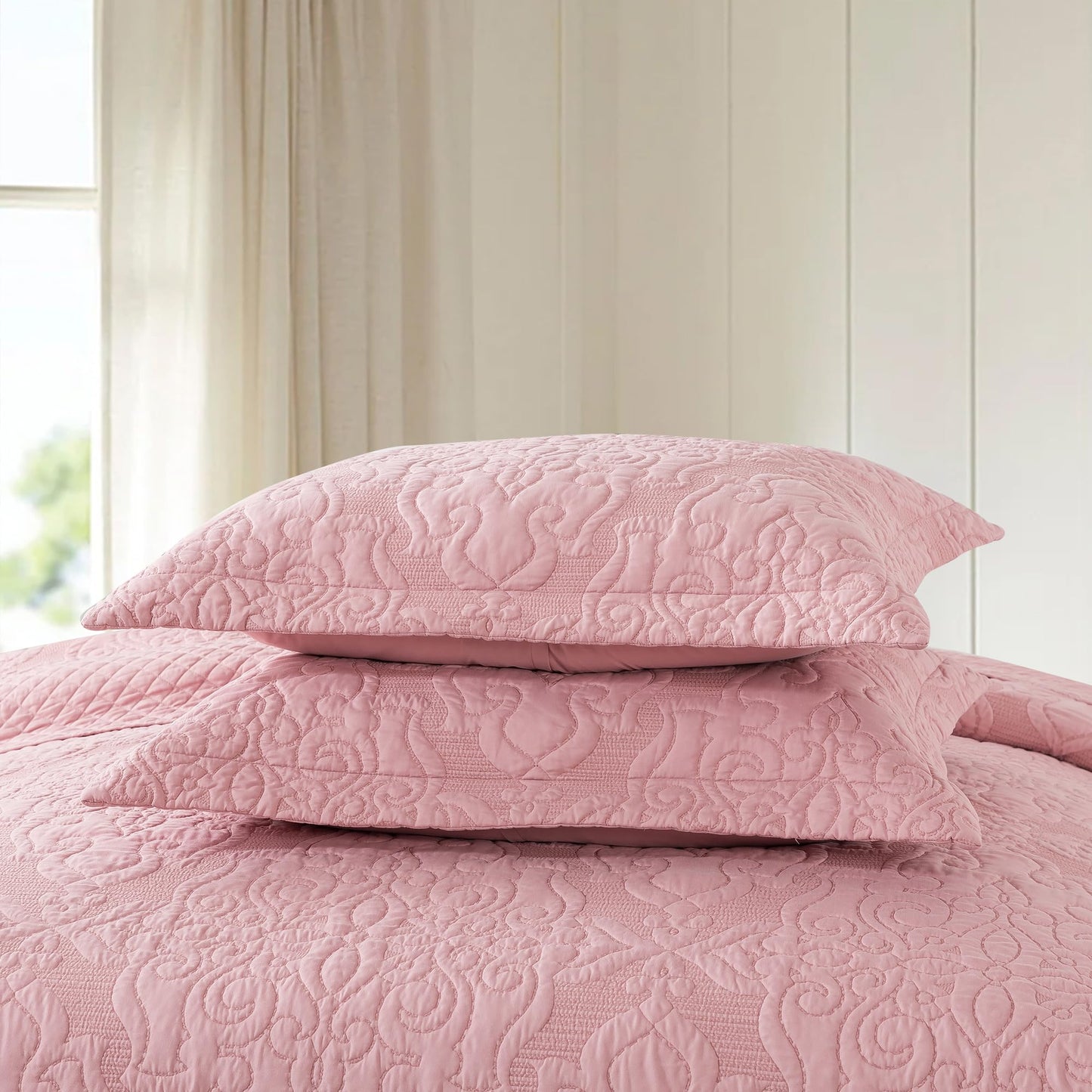 NEWLAKE Quilt Bedspread Set, Pink Jacquard Embossed Floral Pattern Reversible Embroidered Microfiber Coverlet Sets, Queen Size