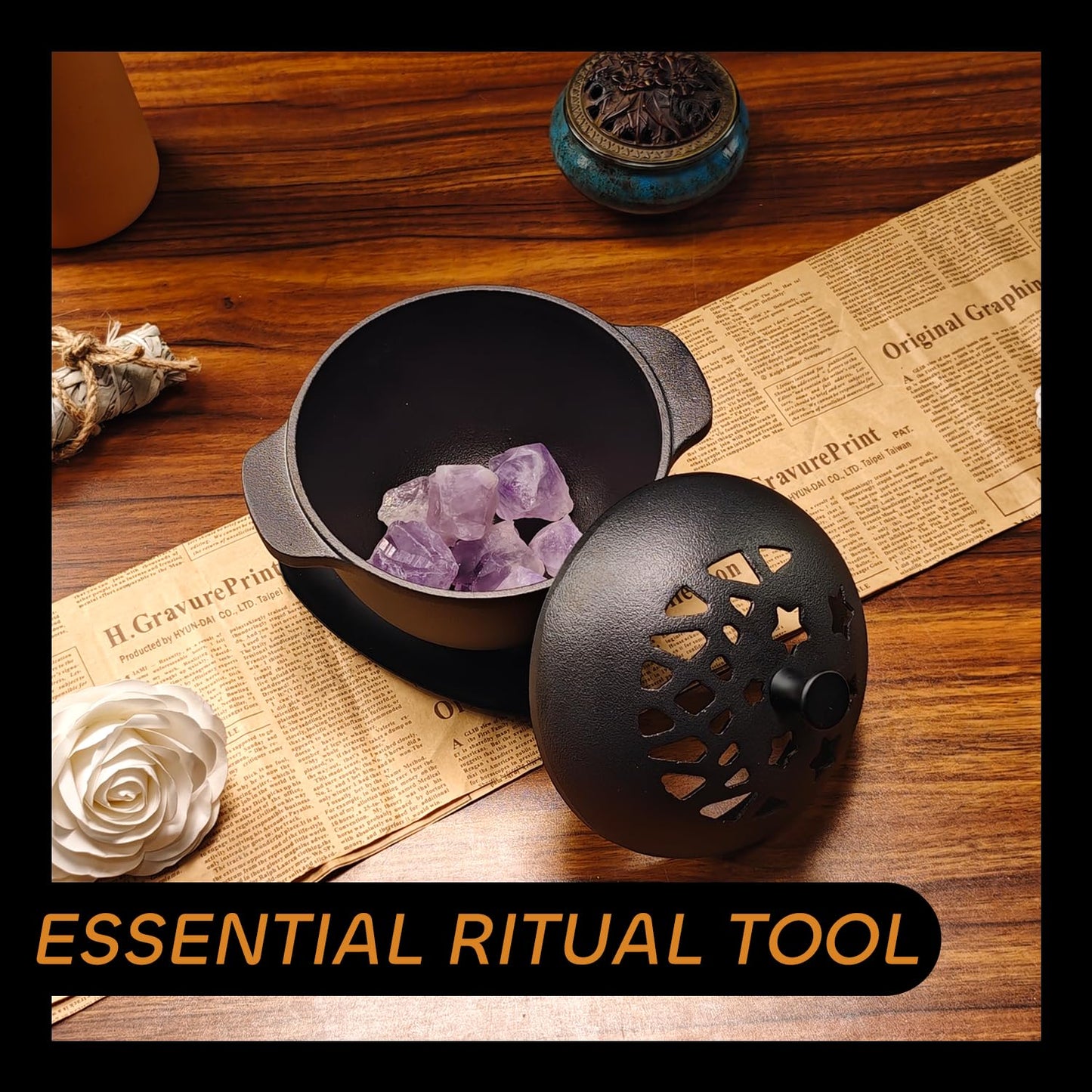 IPROUDER Cast Iron Incense Burner - Cast Iron Incense Holder Mini Cauldron for Sage, Palo Santo, Resin, Charcoal & Japanese Incense | Home, Rituals & Meditation Censer Bowl