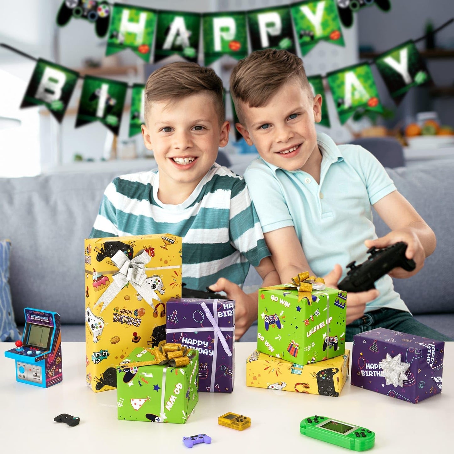 WERNNSAI Gaming Wrapping Paper - 3 Rolls 43 x 305cm Birthday Wrapping Paper Kids Boys Gift Wrap Green Yellow Birthday Wrap Paper with Cutting Lines