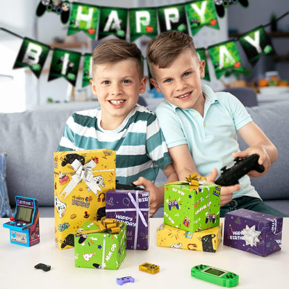 WERNNSAI Gaming Wrapping Paper - 3 Rolls 43 x 305cm Birthday Wrapping Paper Kids Boys Gift Wrap Green Yellow Birthday Wrap Paper with Cutting Lines