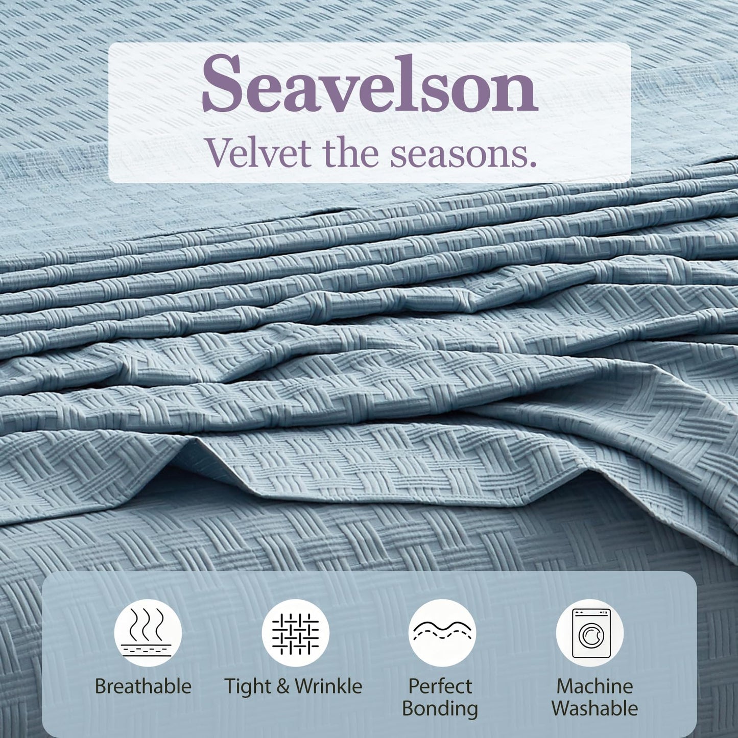 Seavelson Woven Grid Soft King Size Sheet Set - Comfortable & Breathable 4 Piece Bed Sheets with 1 Fitted Sheet,1 Flat Sheet & 2 Pillowcases - Deep Pocket Up to 18 Inches (Blue Grey)
