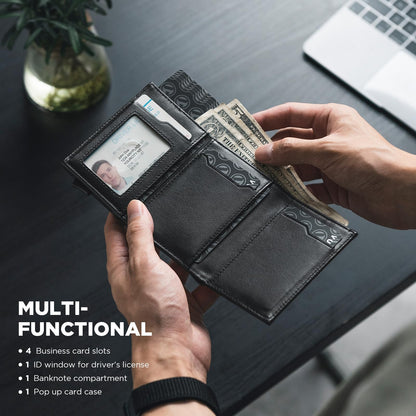 VULKIT Mens Wallet Credit Card Holder Pop up Card Case RFID Blocking Genuine Leather Card Wallet with Banknote Compartment & ID Window… (Top-Grain Cowhide Black)