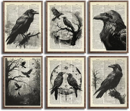 6Pcs Black Raven Wall Art Dark Academia Wall Decor Pictures Victorian Gothic Crow Canvas Posters Prints for Living Room Bedroom Decoration Unframed (8x10in)