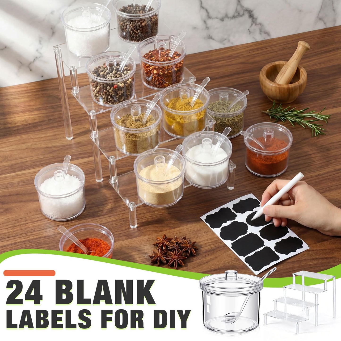 Ferrochef 12 Pcs Clear Sugar Bowls with Lid and Spoon and Acrylic Display Risers 7.1 oz Topping Containers with Tag and 4 Tier Acrylic Shelf Stand for Kitchen Hot Cocoa Bar Ice Cream Bar Supplies