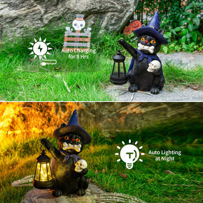 WONDHOME Halloween Black Cat Decor Spooky Solar Cat Garden Statues Holding Skull with LED Lantern Halloween Outdoor Decorations for Porch Patio Yard Lawn Holiday Gardening Gifts for Women