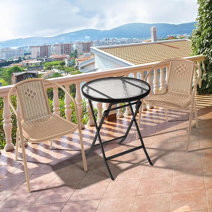 VINGLI PE Rattan Outdoor Dining Chairs Set of 2, Plastic Stackable Patio Chairs for Indoor, Porch, Restaurant, Garden,Champagne