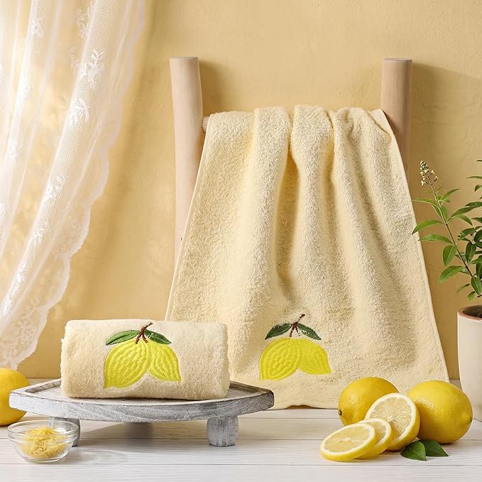 2 Pcs Lemon Hand Towels Lemon Yellow Bathroom Decor 14x29 Inch Embroidered 100%