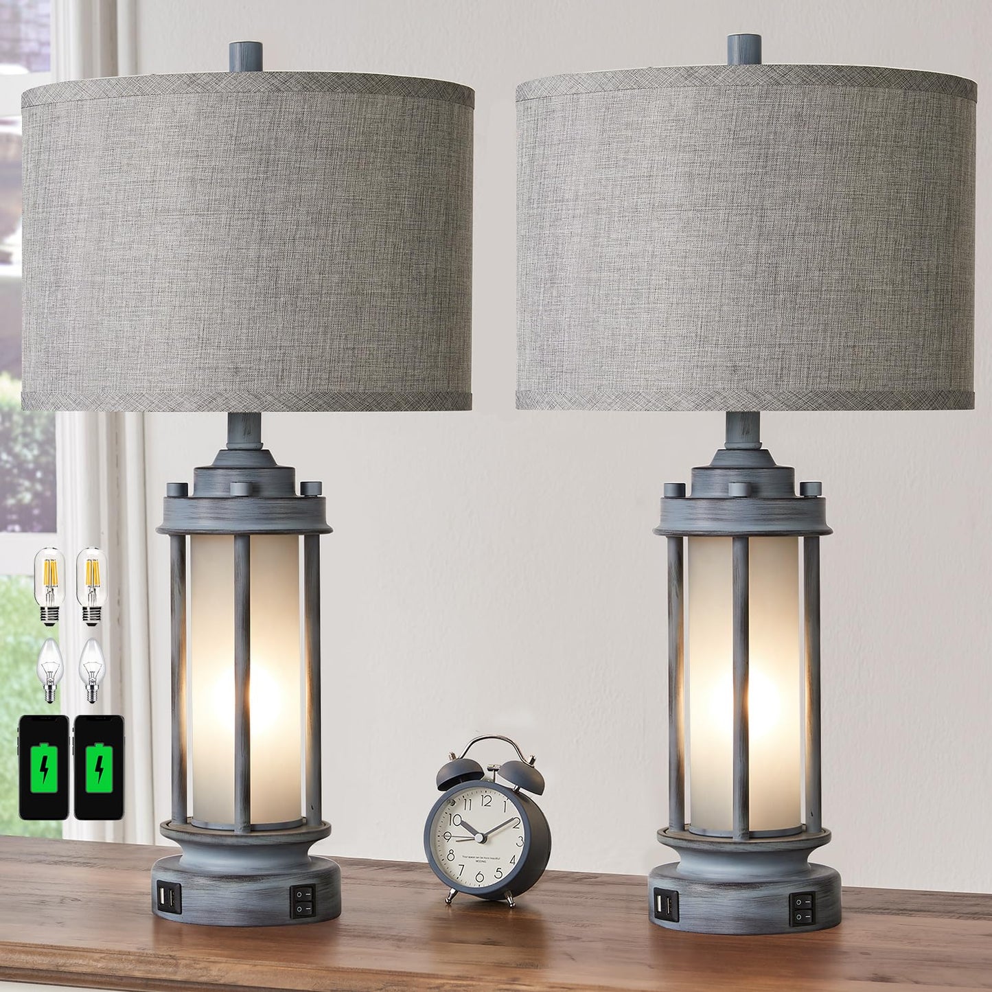 AIEAMPDO Set of 2 Rustic Table Lamps for Living Room with 2 USB C+A Ports