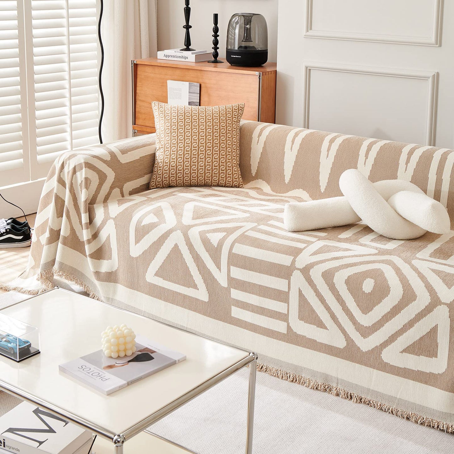 VClife Boho Couch Cover, Washable Sofa Cover for Dog, Non Slip Couch Covers for 2 Cushion Couch, Modern Khaki Creamy White Geometric Sofa Slipcovers Multi-Functional Furniture Protector 71'' x 118''