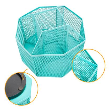 Annova Mesh Desk Organizer Rotate with 5 Compartments Spinning Tidy Candy/Pen Holder Office, Art Supply, Storage, Classroom, Home (Turquoise)