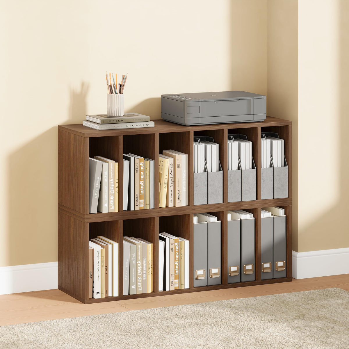 IOTXY DIY Modular Cube Bookcase - CubeXY Customizable Stackable Expandable Basic Shelving Units, 6-Cube Wooden Open Bookshelf with Removable Shelves for Books Organizer, Walnut
