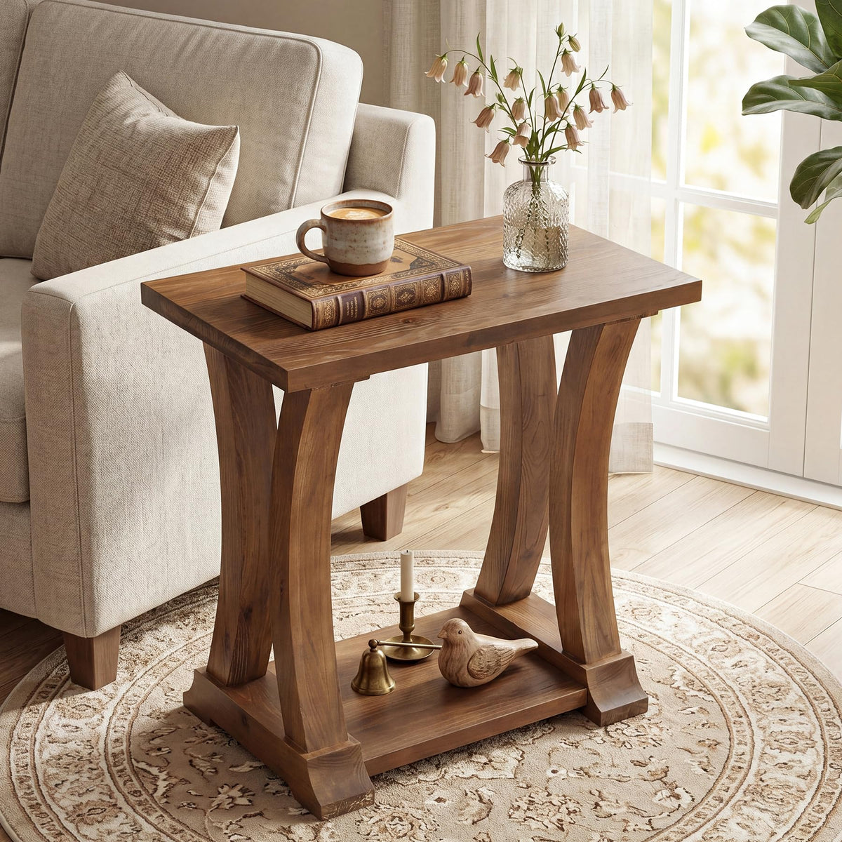 LITTLE TREE Solid Wood End Table, Narrow Side Table with Lower Storage Shelf, Rustic Accent Sofa Side Table for Living Room, Bedroom, Small Space