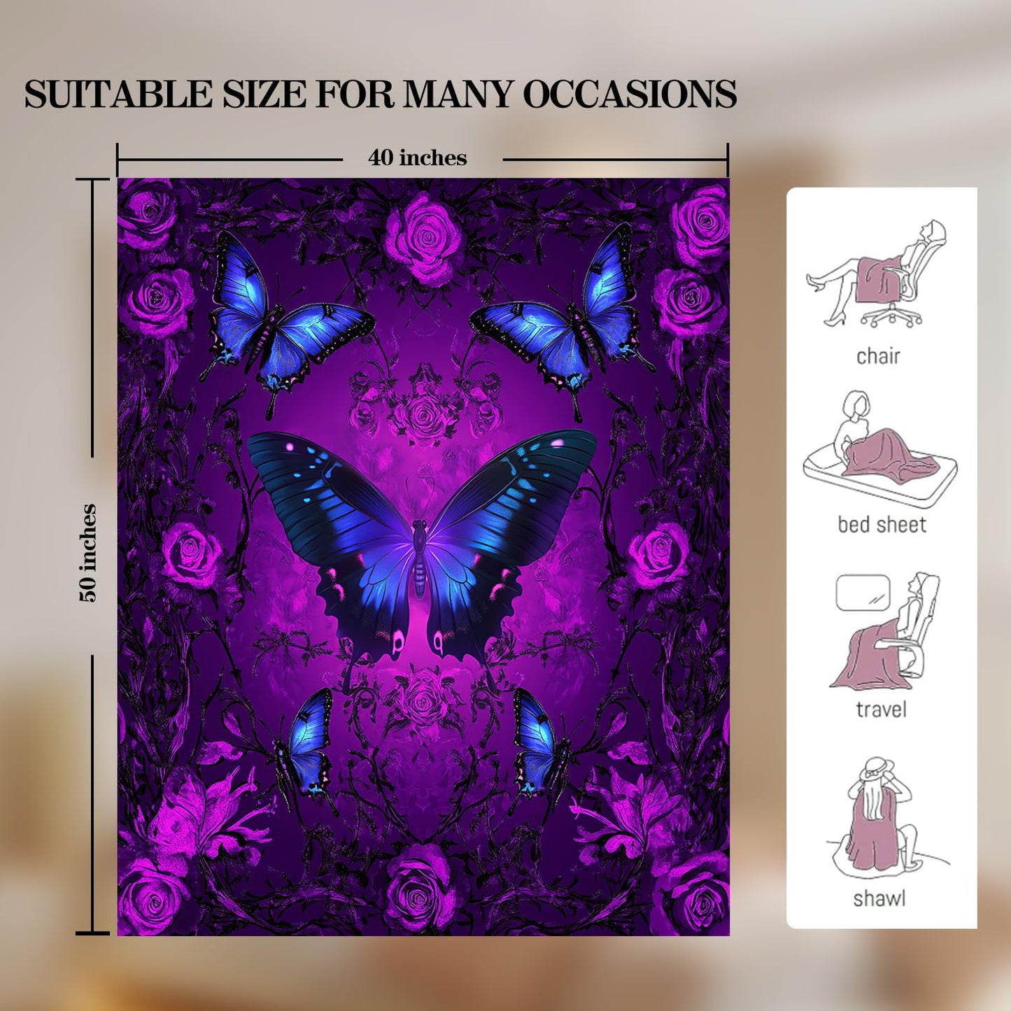 Butterfly Blanket Purple Butterfly Fleece Throw Blanket Super Soft Fuzzy Plush Cozy Warm Butterflies Decor Stuffed Bedding Blankets Gift for Boys Girls Men Women Kids & Adult 50"X40"