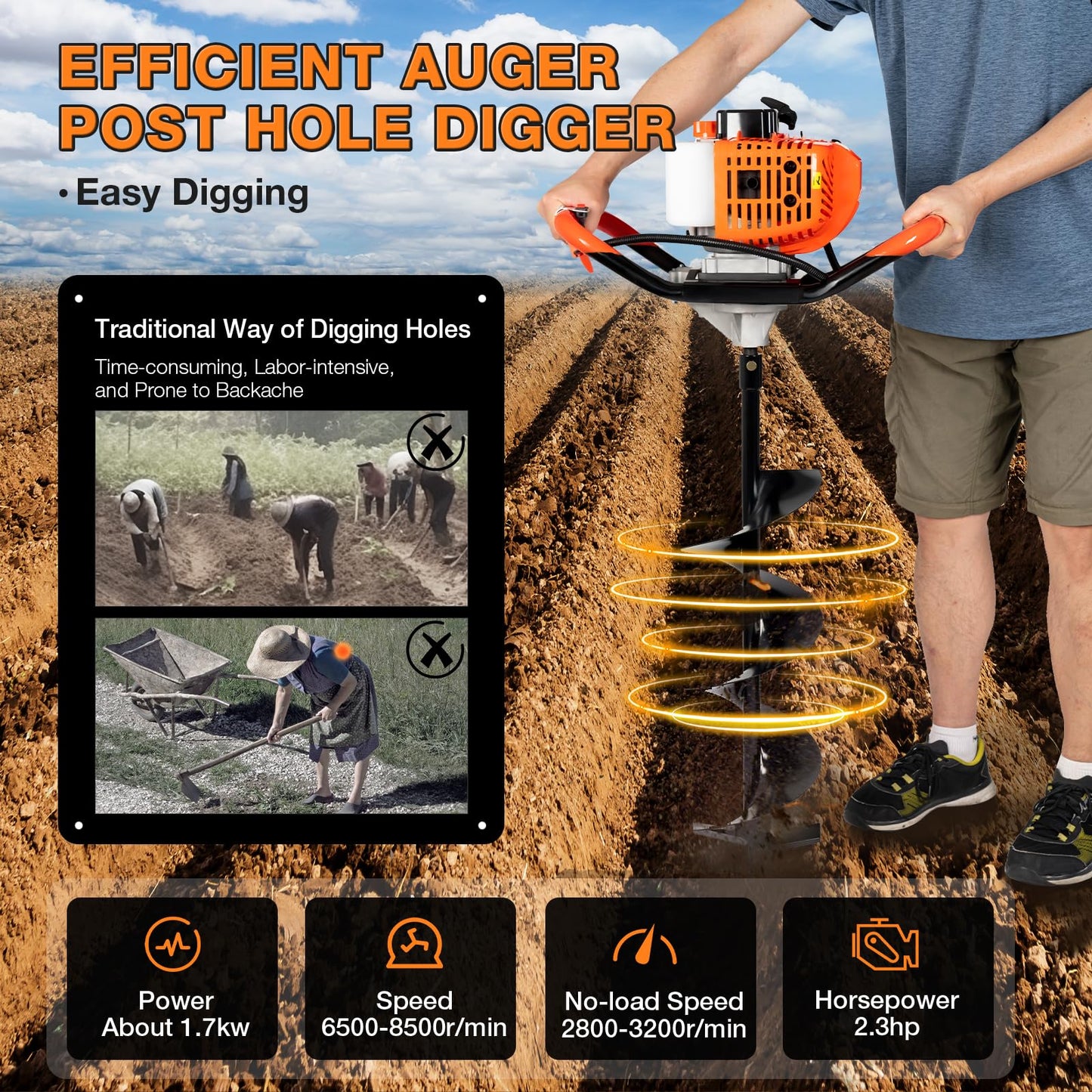 Post Hole Digger, 52cc 2.3HP 2 Stroke Gas Powered Auger, Steel Construction Digging Tool with 3 Drill Bits (4", 6", 8") and Extension Bar for Fence Poles Tree Planting Gardening Soil