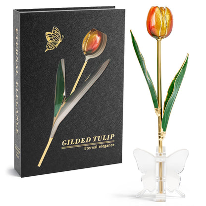 Mikasol 24K Gold Dipped Real Tulip – Amber Glow, Warm Forever Flower with Book-Style Gift Box & Butterfly Stand, Perfect for Her, Wife, Mom, Birthday, Anniversary