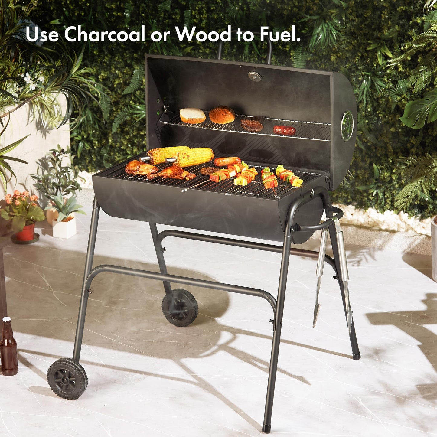 VonHaus Charcoal BBQ – Portable Barrel Barbecue with Warming Rack, Temperature Gauge, Wheels, Large Cooking Grill, Air Vents – 2 in 1 Barbeque and Smoker – Grill Meat, Fish & Vegetables