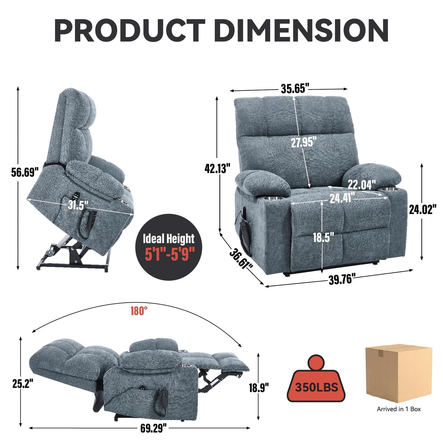 Dual Motor Power Lift Recliner Chair with Heat and Massage, Infinite Position Lift Chair, Oversized Chenille Recliner with 8-Point Vibration, Cup Holders and Side Pockets for Living Room, Grey Blue