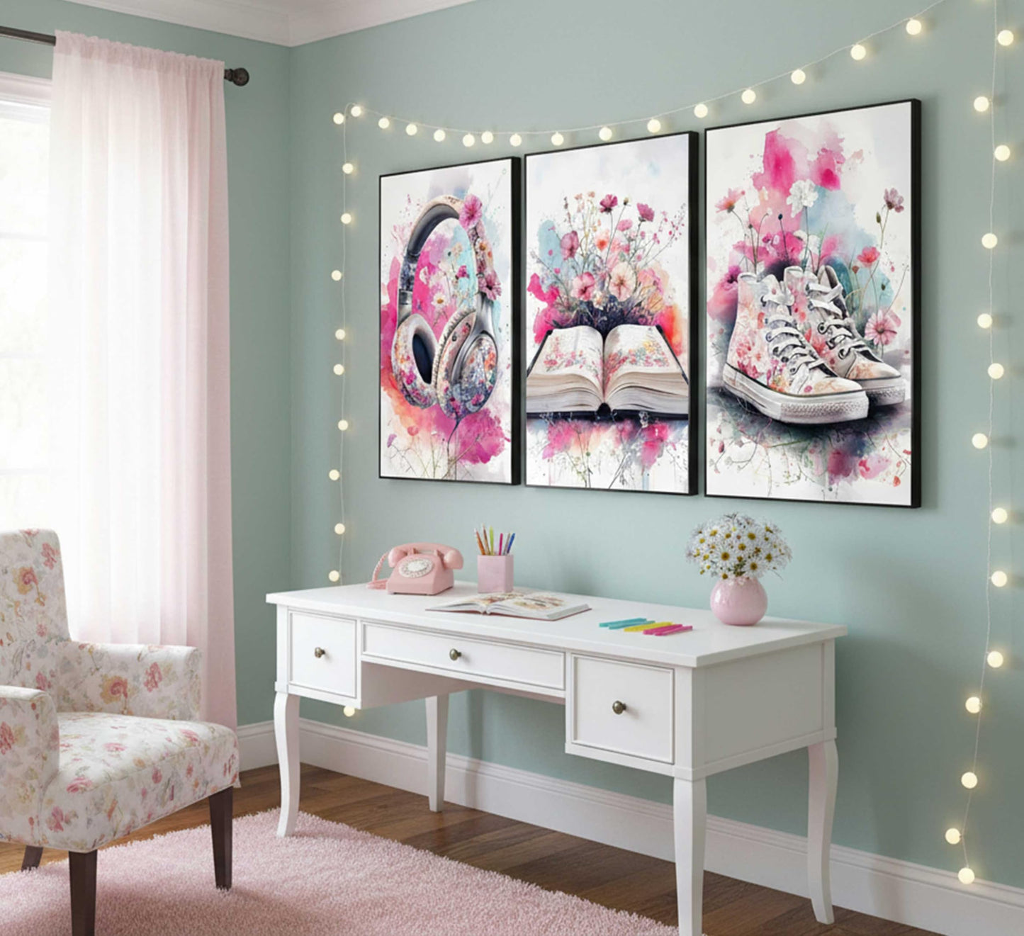 3Pcs Teen Girls Bedroom Canvas Wall Art Fashion Headphones Book and Shoes Pink Watercolo Splash Flower Painting Pictures Wall Decor Print Artwork for Living Room Dorm Home Decoration Unframed