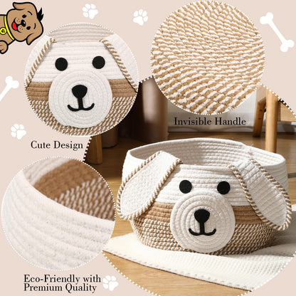 Zopeal Dog Woven Basket Cute Woven Cotton Rope Puppy Animal Storage Basket for Laundry Toy Gift(Khaki, White,13 x 8 Inch)