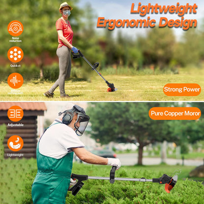 Gompuy Strimmer, Cordless Garden Strimmer with Blades, Grass Trimmer 90° Head Adjustment, Electric Strimmer with 2 X 21V Battery and UK Charger, Brush Cutter is Suitable for Small and Medium Gardens