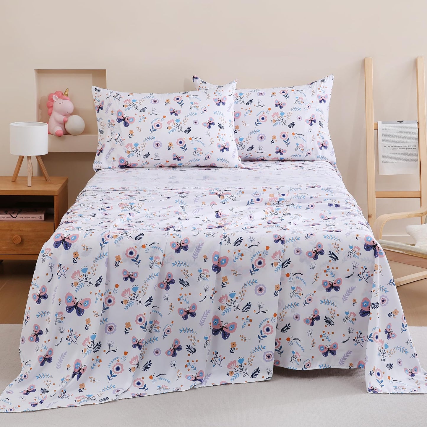 Yibeizi Butterfly Floral Sheet Set for Girls Full, Kids Boho Print Bedsheets Microfiber Deep Pocket Cute Patterned Bed Sheet & Pillowcase Sets 4 Pieces