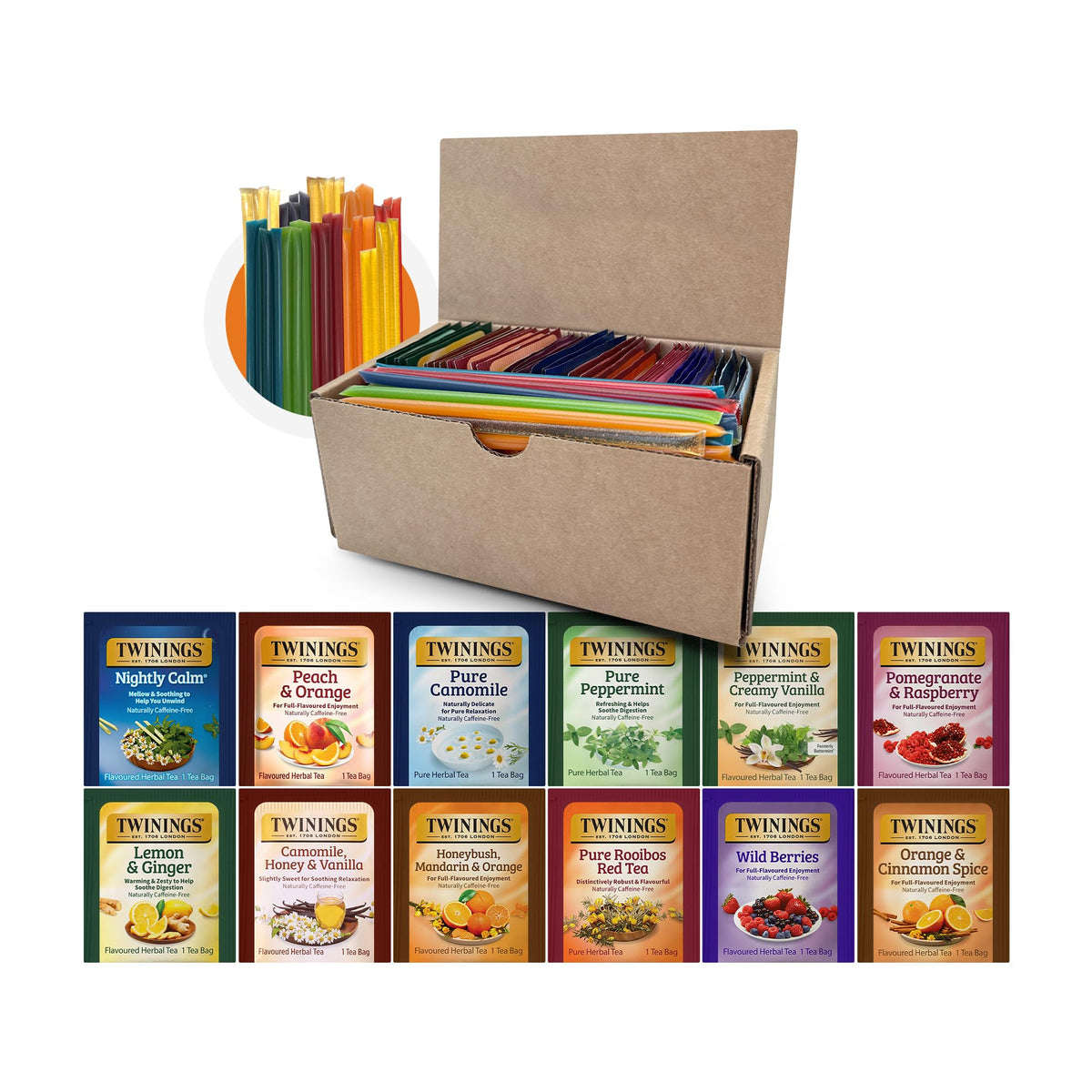Twinings 48 Tea Bags Herbal Variety Pack – 12 Caffeine-Free Flavors + 20 Honey Sticks, Relaxing Herbal Tea Gift Set for Tea Lovers, Bedtime & Daily Wellness