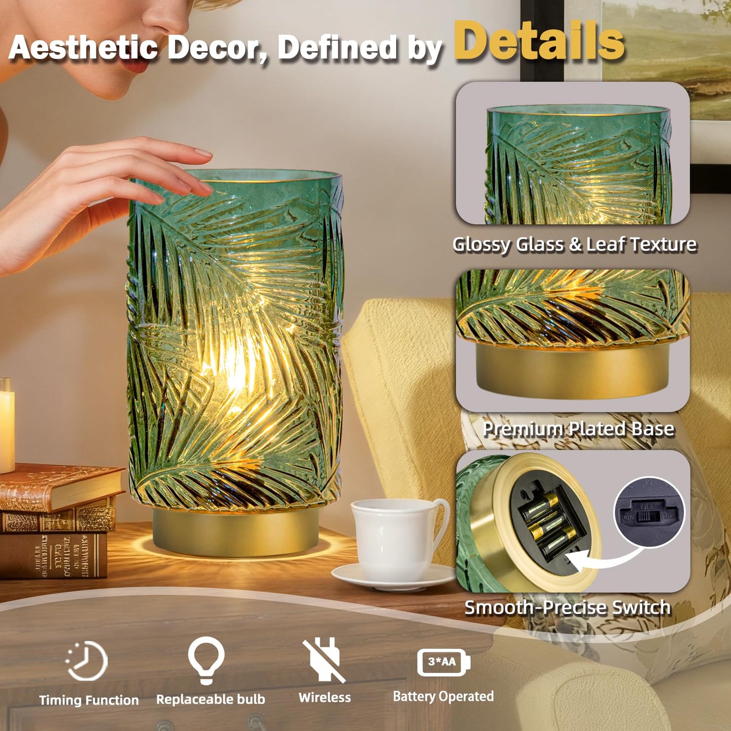 Battery Operated Table Lamp, Cordless Lamps for Home Decor, Battery Powered Nightlight with LED Bulb with Timer, Decorative Lights for Living Room Bedroom Tabletop Entryway Centerpiece Gift(L Green)