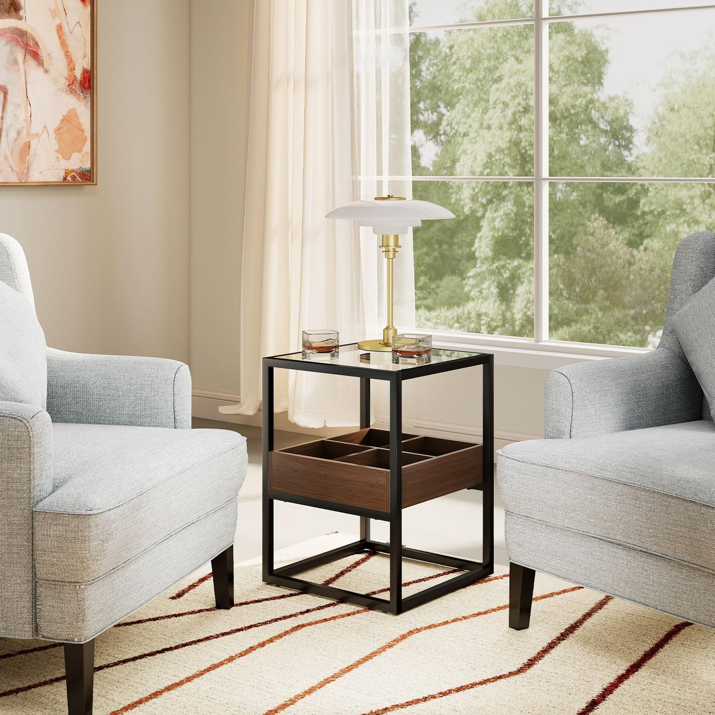 Permory Tempered Glass Top End Table with USB Port, Dimmable Warm Brown-Toned COB Strip Light for Living Room Bedroom