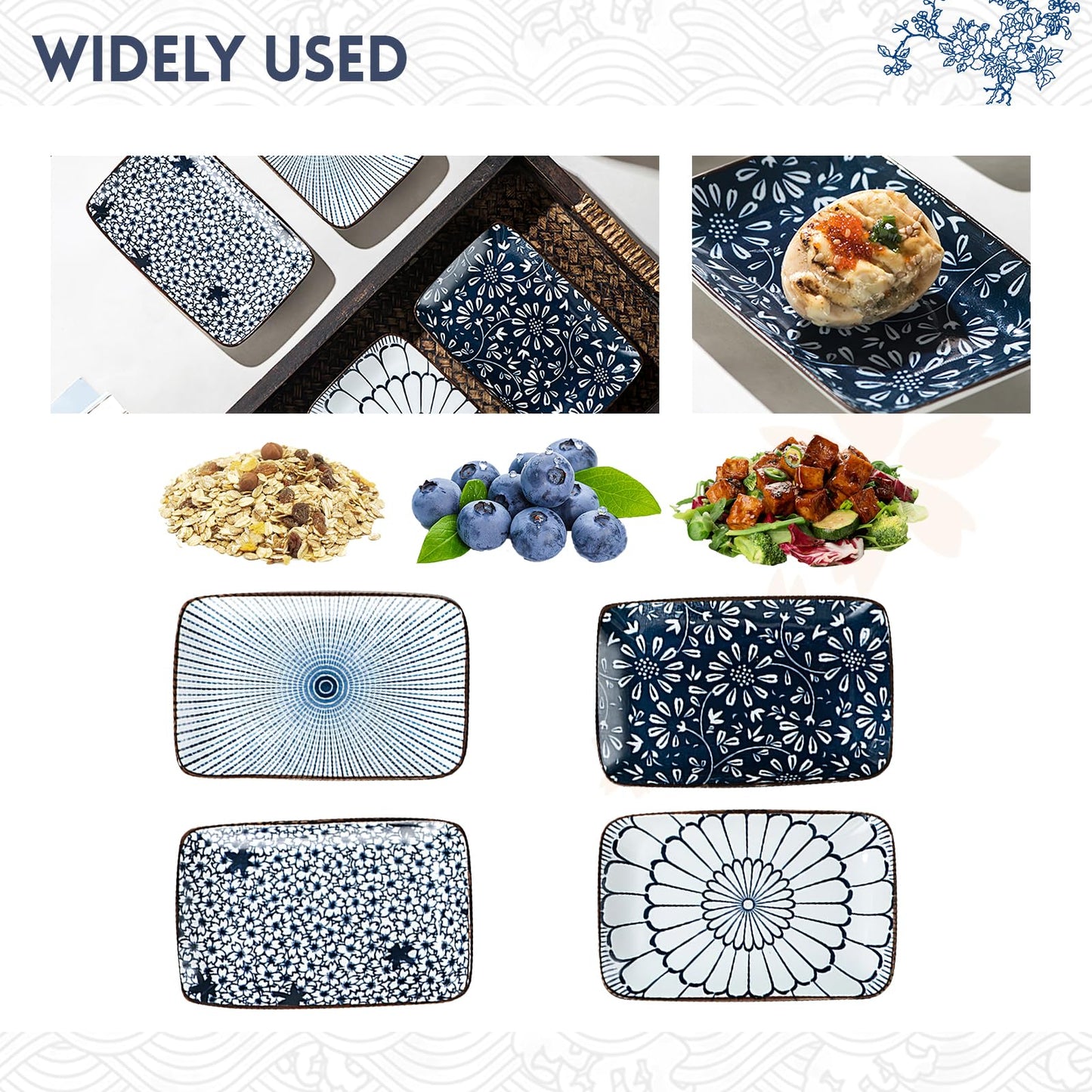 Kytree 4 Piece Japanese Sushi Plate Set, Rectangle Soy Sauce Dish Ceramic Dipping Bowl for Appetizer, Charcuterie, Dessert, Salad, Side Dishes