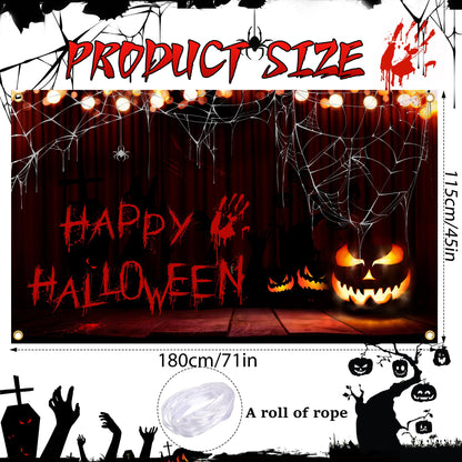 Tokcousun Happy Halloween Banner, 71x45 Inch Handprint Bloodstain Happy Halloween Backdrop, Scary Happy Halloween Backdrop Party Decorations Pumpkin Halloween Banner for Halloween Wall Photo Booth Decorations Indoor Outdoor