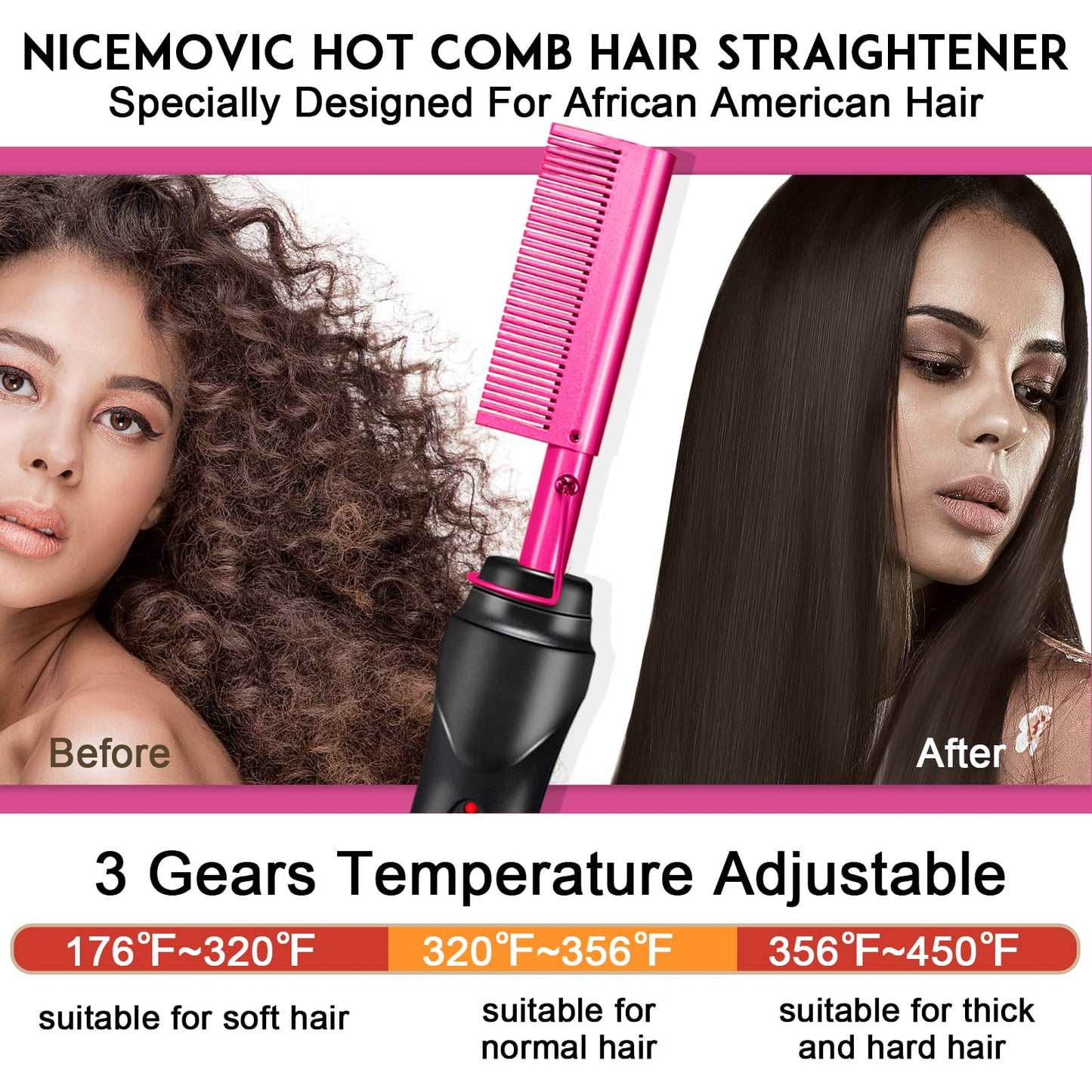 NICEMOVIC Ceramic Heating Hair Straightener Comb - Hot Pressing Brush for Natural Black Hair, Beard Wigs, and Curling (Gold)