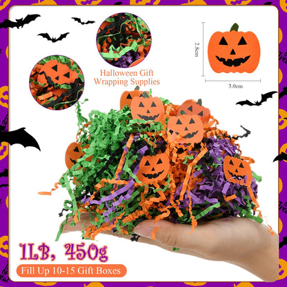 Kosiz 1 lb Halloween Crinkle Cut Paper Shred Black Orange Purple Raffia Paper Shred Filler with Pumpkin Confetti for Gift Wrapping Craft DIY Basket Box Trick or Treat Halloween Party Supply