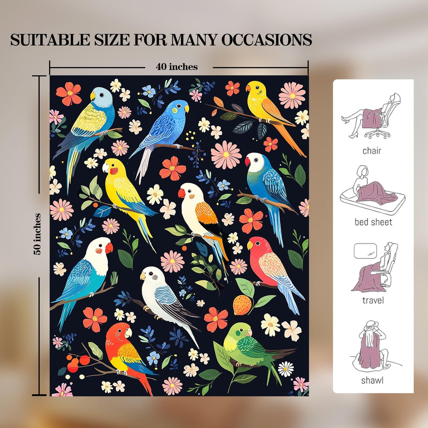 Cockatiel Blanket Cockatiel Parrot Bird Fleece Throw Blanket Super Soft Fuzzy Plush Cozy Warm Parrot Decor Stuffed Bedding Blankets Gift for Boys Girls Men Women Kids & Adult 50"x40"