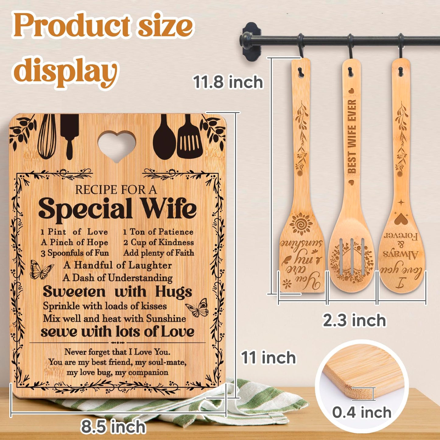 Valentine Day Gifts for Wife - "Recipe for a Special Wife" Valentine's Day Gifts for Her Cutting Board Set, Bamboo-Made Engraved Utensil Set Gifts for Wife
