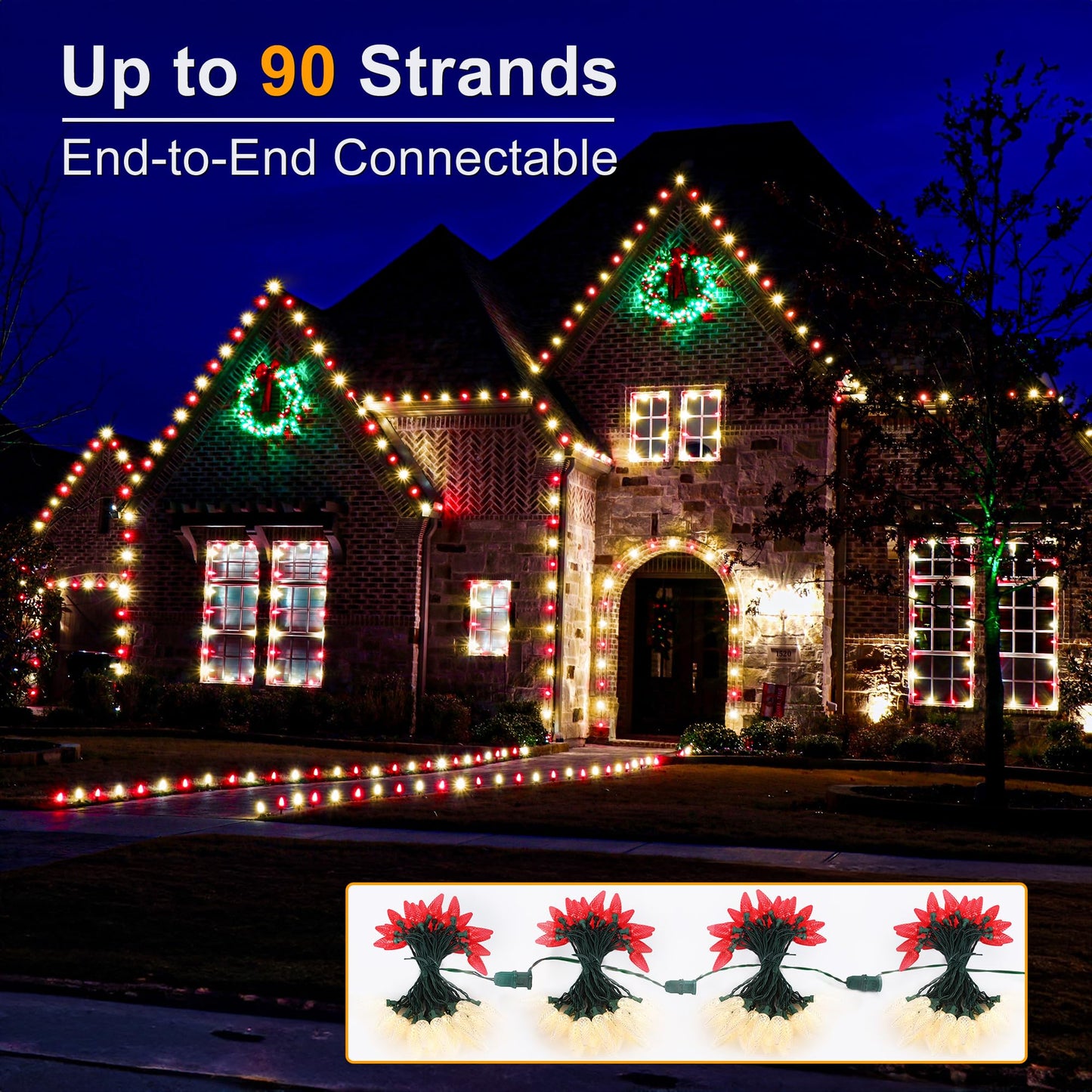 Brizled Red & Warm White Christmas Lights, 66ft 100 LED C9 Christmas Lights, Connectable Outdoor Faceted Strawberry Light String, 120V UL Certified Indoor Xmas Tree Light for Home Holiday Party Decor