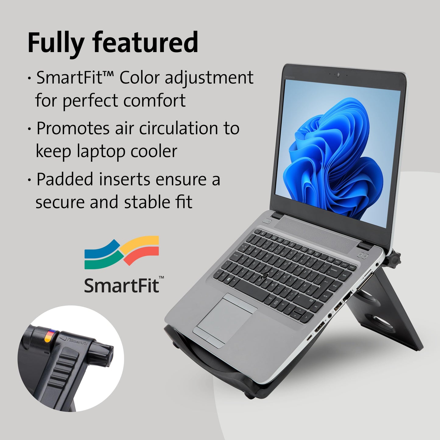 Kensington Easy Riser portable ergonomic laptop stand, for 12 inch - 17 inch devices, height adjustable with SmartFit system, for better cooling and air circulation, Black, 60112