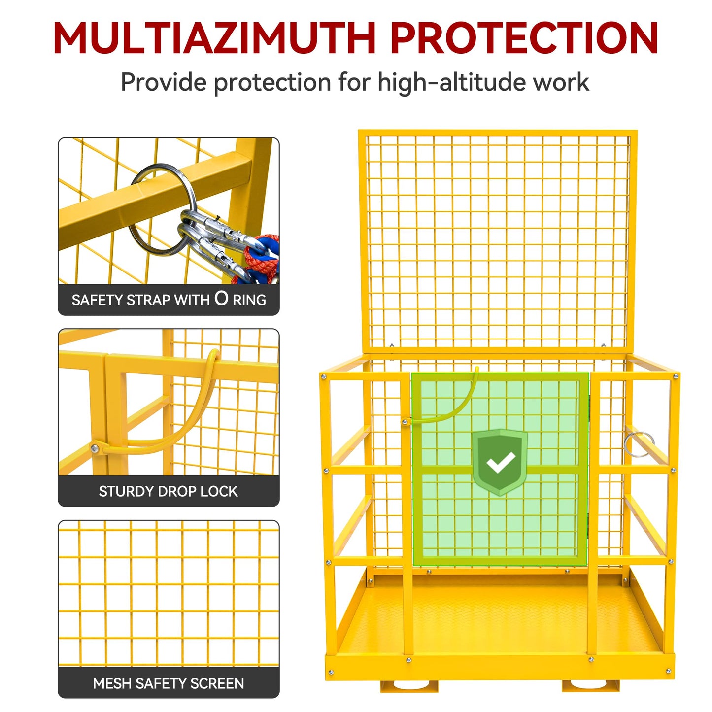 YITAMOTOR 43"x45" Forklift Safety Cage, 1400 LBS Yellow Capacity Forklift Work Platform with Safety Harness, Collapsible Lift Basket Aerial Platform for Lifting Loader