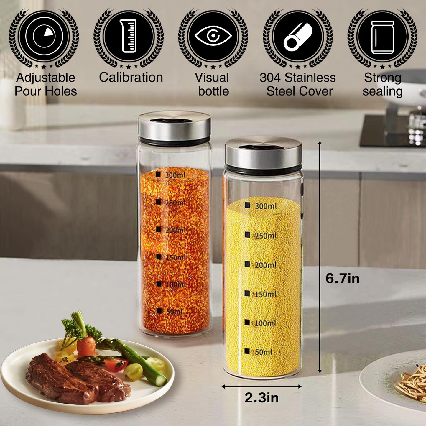 XZJYXJN Salt and Pepper Shakers Set Large Salt Shaker with Adjustable Pour Holes,Glass Salt and Pepper Dispenser Spice Jars with Stainless Steel Lid,Salt Shakers for Kitchen