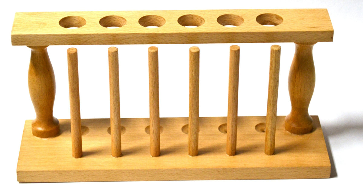 EISCO Premium Test Tube Rack, (6) 25mm Holes and (6) Pins - Solid Wood - 9.4" Long, 3.75" Tall