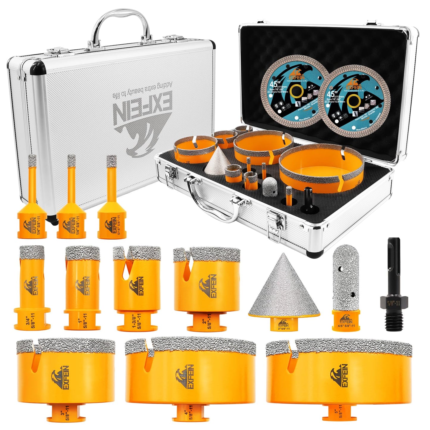 EXFEIN Tile Hole Saw Kit 15pcs - Diamond Core Drill Bits(1/4"-5") + 2pcs 4.5" Tile Blades + SDS Adapter for Ceramic Porcelain Marble